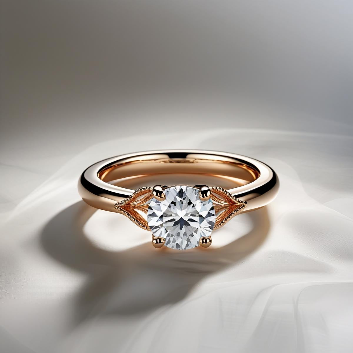 Leaf Style Round Brilliant Natural or Lab-Grown Diamond Solitaire Engagement Ring