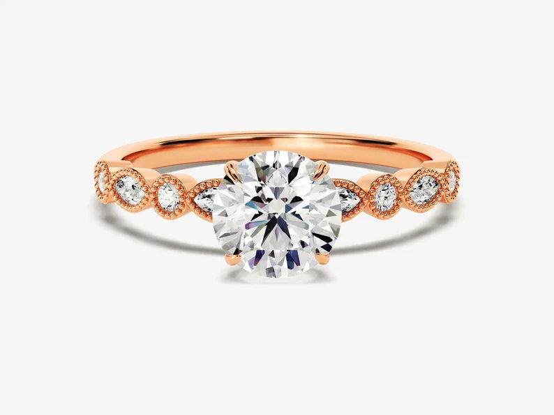 Classic Round Brilliant Cut Moissanite Art Deco Style Ring - GRA Certified