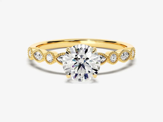 Classic Round Brilliant Cut Moissanite Art Deco Style Ring - GRA Certified