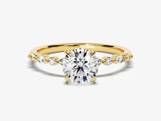 Classic Round Brilliant Cut Moissanite Accent Engagement Ring - GRA Certified