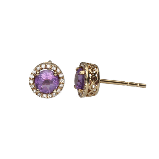 1.05ct Round Amethyst & Diamond Halo Studs Set in 9k Yellow Gold