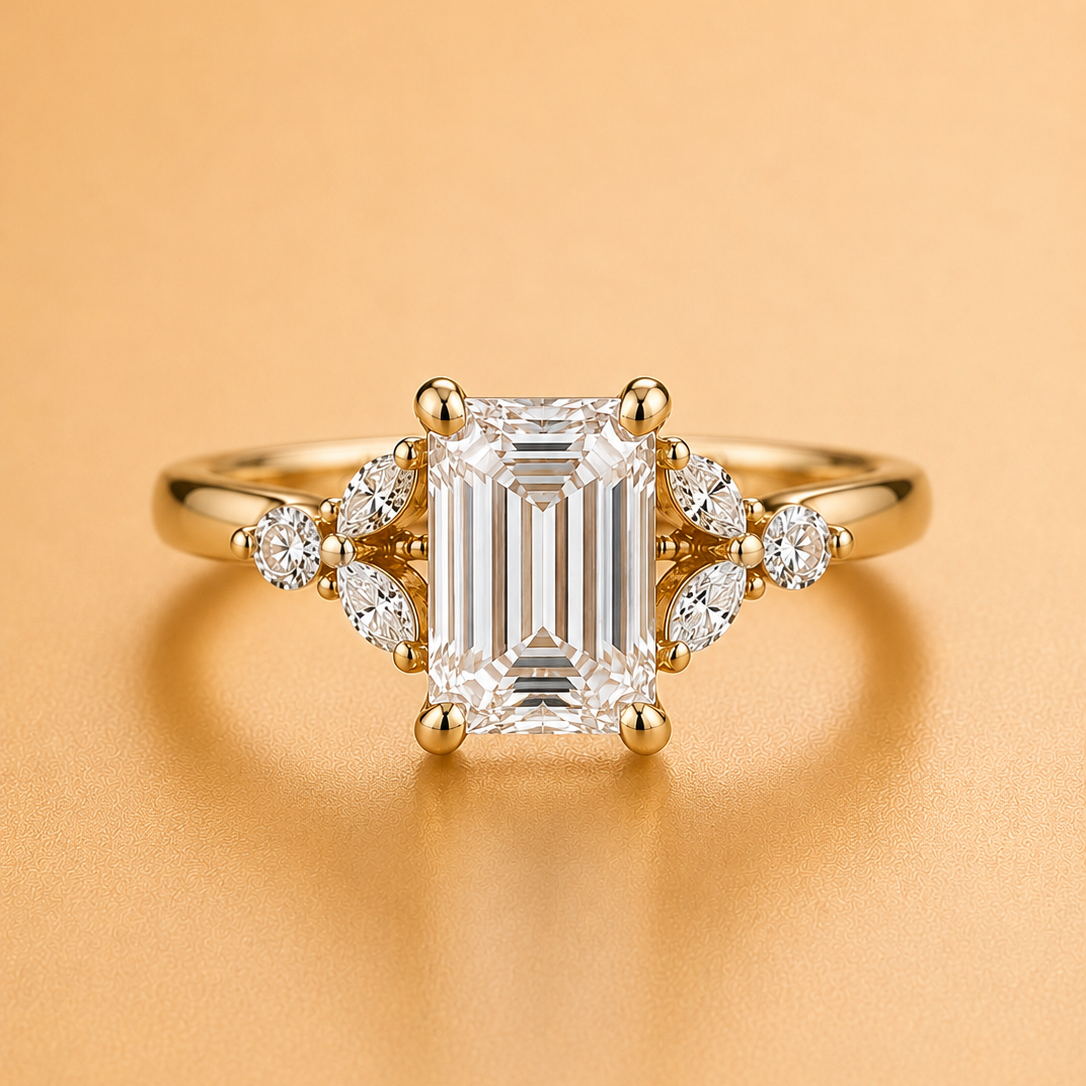Emerald, Marquise & Round Diamond Accent Ring