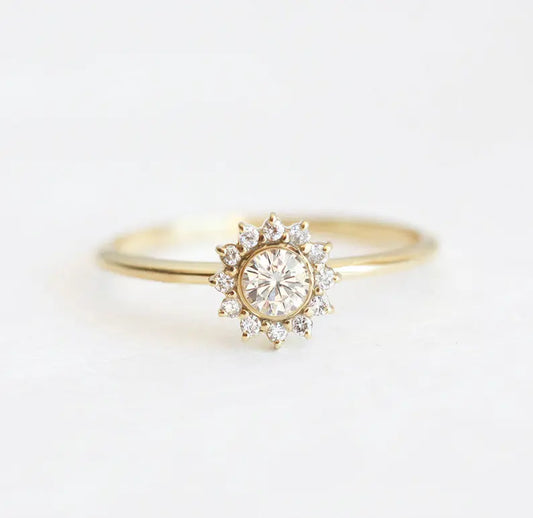 0.52ct Round Halo Flower Style Diamond Engagement Ring in 9k Gold - GIA Certified