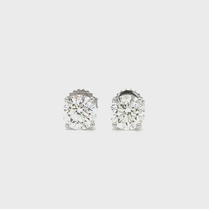 3ct 4-Claw Round Natural Diamond Studs Set in 18k White Gold